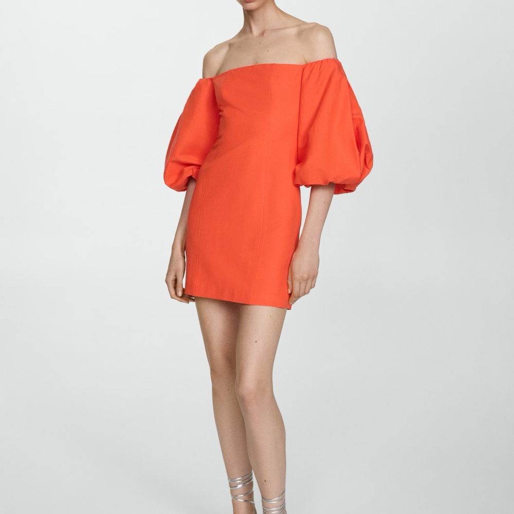 Mango Orange Puff Sleeve Off-Shoulder Sheath Dress